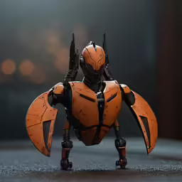 an orange robot standing in the middle of the floor