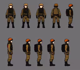several images of soldier in different ways,a series of six different views of a person wearing military clothing