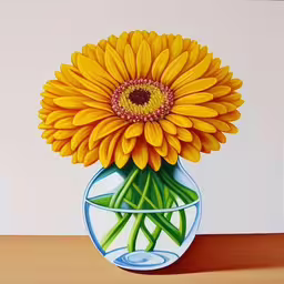 a painting of a sunflower in a blue and white vase,a painting of a sunflower in a vase on a table