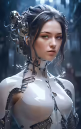 a futuristic woman wearing a suit and a gun