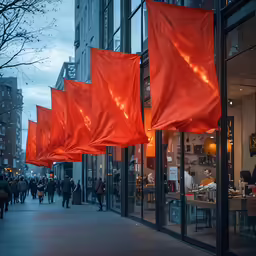 the orange flags are hanging outside in a downtown area