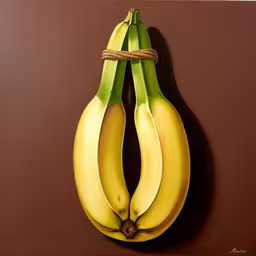 three bananas hanging on a brown wall