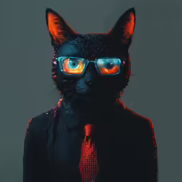 a cat wearing a suit and tie with glowing glasses