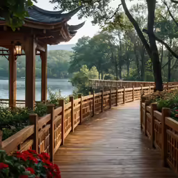 a boardwalk between trees and flowers that leads to a lake