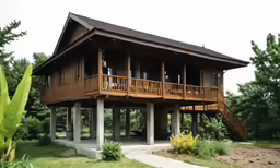 a wooden house sitting on top of a lush green field