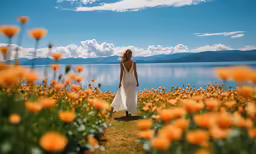 a beautiful woman walking through some flowers in a field