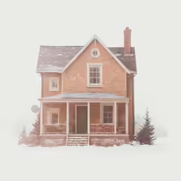 a two story brick home surrounded by snow