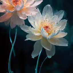 the two flowers are lit by the light of the candle,two yellow and white flowers on a blue stems