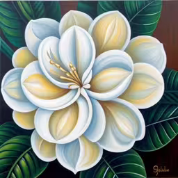 a flower that is in the middle of some art,a large white flower with green leaves in the middle