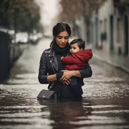 a woman holding a child in a rain storm