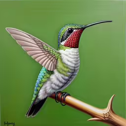 painting of bird on green background with large wing,the colorful hummingbird is perched on the stick,a painting of a hummingbird on a stick,a painting of a hummingbird on a branch,a painting of a colorful hummingbird sitting on a branch