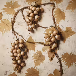 grapes on stems and leaves laying on a table