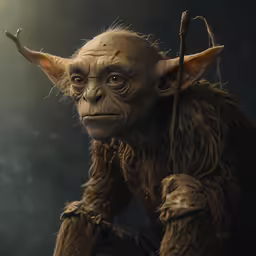 a young troll from the lord of the rings is posed with one leg spread and his other hand extended toward him