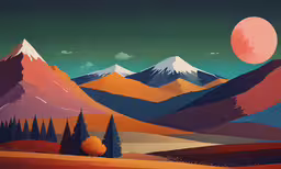 painting with a mountain scene and colorful sunset,a large painting on a wall with mountains and trees