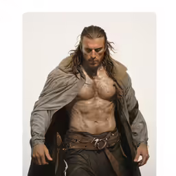 a shirtless man in a jacket is posing for the camera
