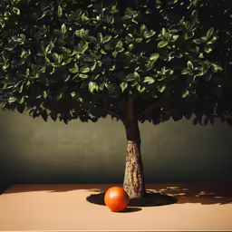 a small ball sitting next to a small tree