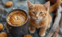 an orange kitten standing next to a cup of coffee