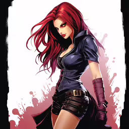 a woman wearing an anime outfit with her long red hair,an art print of a girl in black leathers