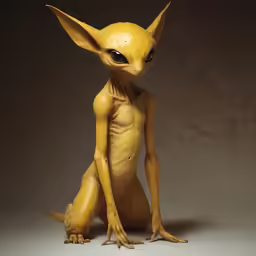 an alien sitting in the studio on a dark background