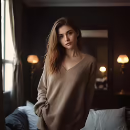 a woman is standing by a window posing for the camera