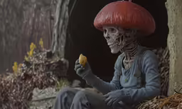 a man in an alien suit is eating something