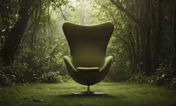 the egg chair is sitting in front of a forest