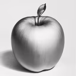 an apple with one leaf is shown in black and white