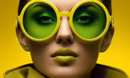 the girl with bright green eyes is wearing round glasses