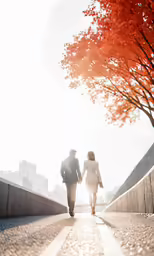two people walk along a brick bridge during the autumn