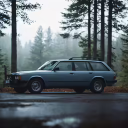 an old station wagon parked on the road with rain