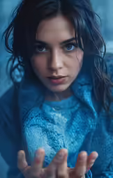 a close up of a woman holding her hands out