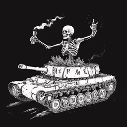 a skeleton with a cigarette is on top of a tank