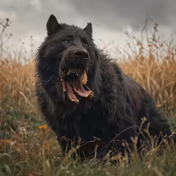 black dog in field with grey sky background