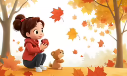 cartoon kid with brown teddy bear in autumn leaves