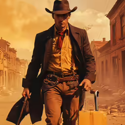 the cowboy is walking down the street with his luggage