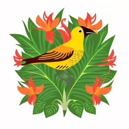 a yellow bird sitting on a leafy plant,bird sitting on a plant surrounded by large, colorful flowers