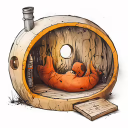 a cartoon image of a cat curled up inside a barrel