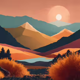 a beautiful landscape with mountains painted in vibrant colors,a mountain landscape painted in warm tones on a sunset