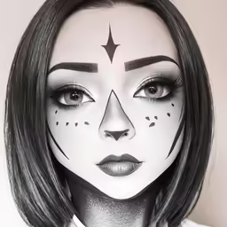 a woman with black and white makeup wearing a cat face paint