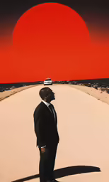 man standing in the middle of desert with orange sun in background
