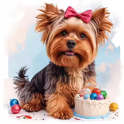 a dog is posing with its face next to a cake