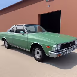 a green car parked next to a building,the car is parked in front of the building