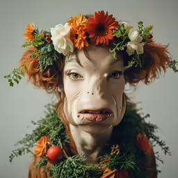a man with very unusual nose make up and flowers in his hair