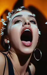 a woman is holding her mouth open with flowers on it