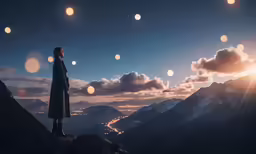 a woman stands on top of a mountain