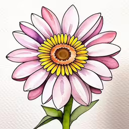 a painting of a pink flower with a green stem,a watercolor drawing of a flower with colored water colors