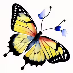 a yellow butterfly flying in the sky with white background