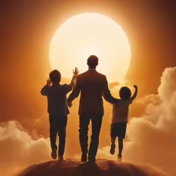 a man holding hands while his children walk past the sun