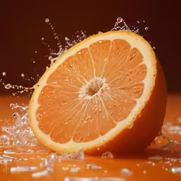an orange with its top slice falling into some water