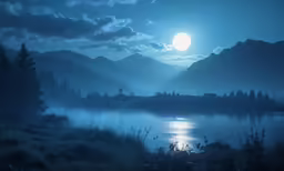 the moon is rising over a lake surrounded by mountains